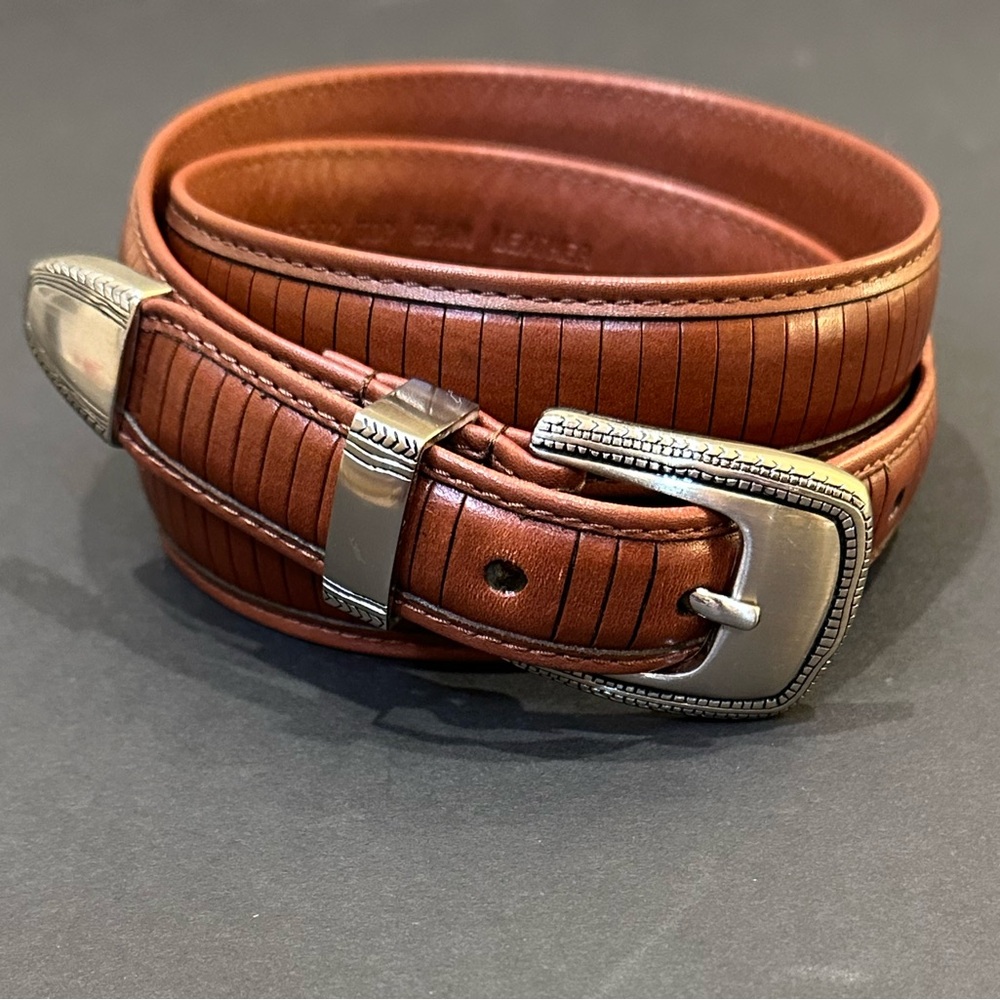 🌟HP🌟Cognac Tan Top Grain Leather Embossed Stripe Belt Silver Buckle Keepers Tip